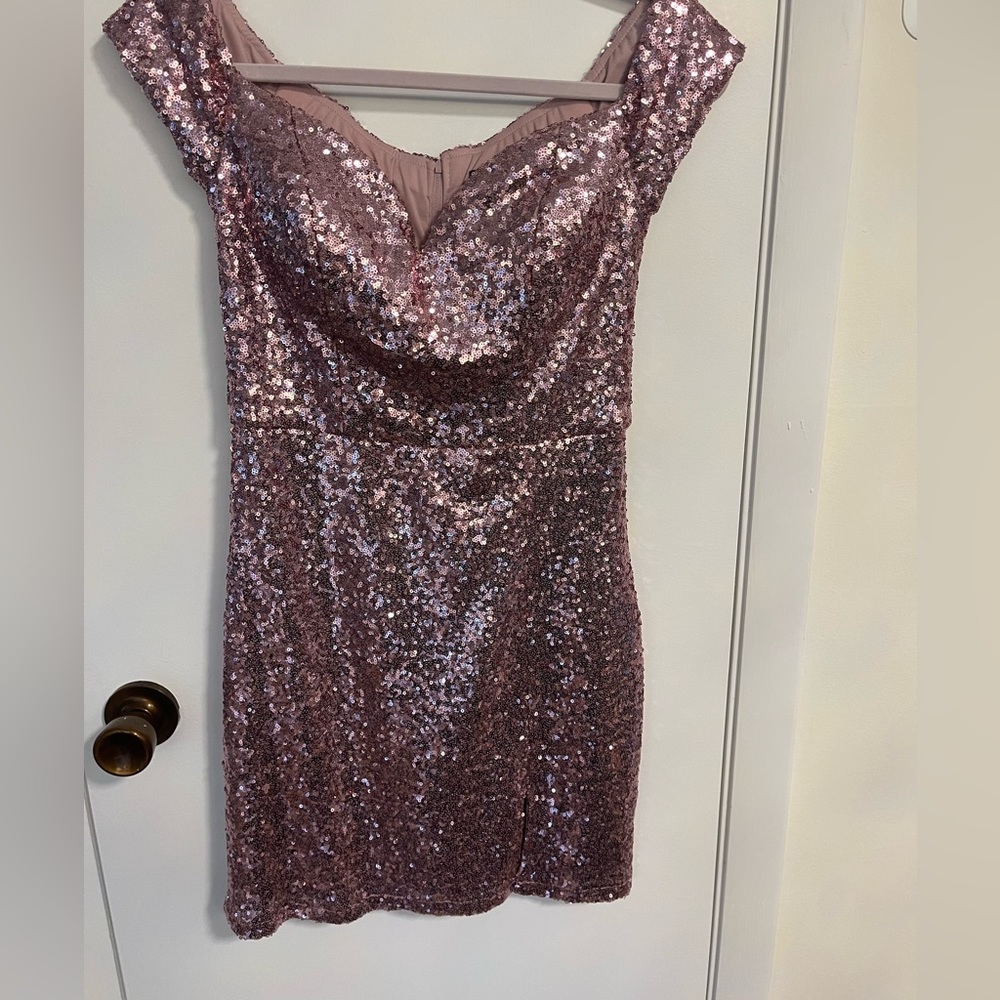 B Darlin Pink Sequin  off the shoulder dress